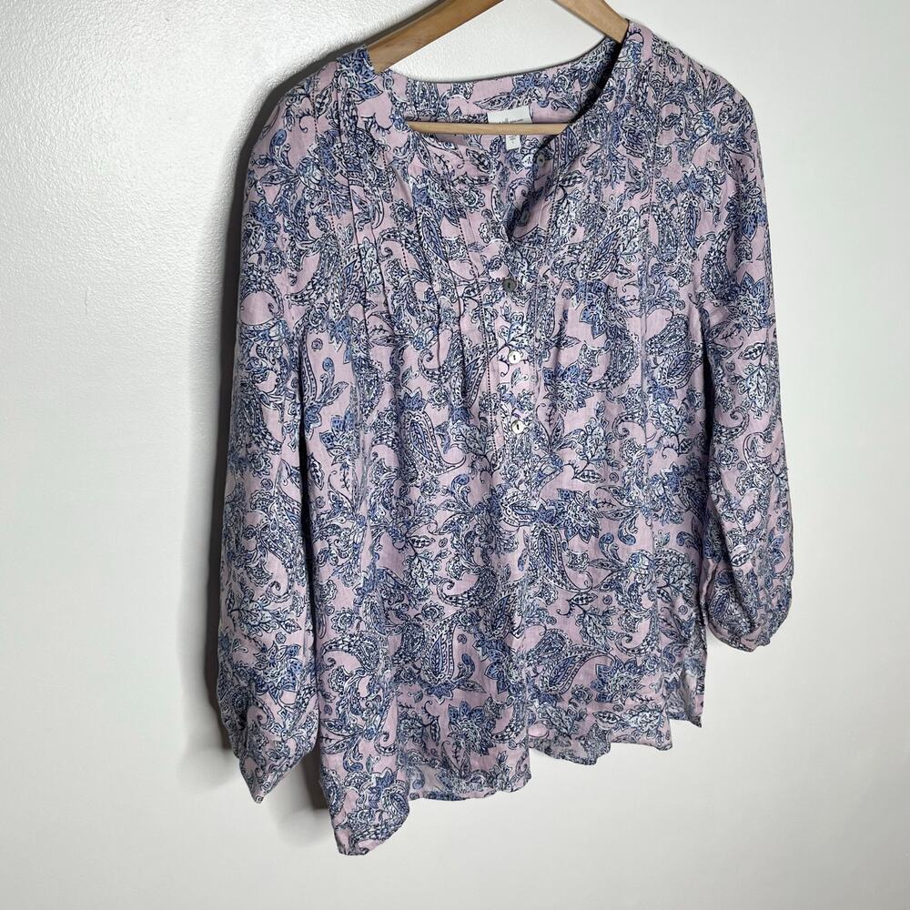 J. Jill Love Linen Popover Top Womens Large Pink Purple Paisley Floral V Neck - Picture 3 of 9